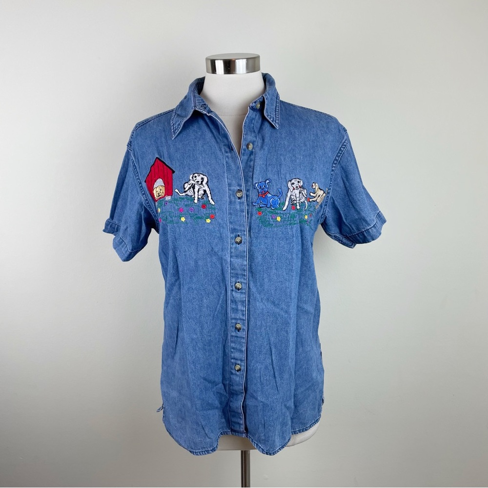 Vintage Effeci Dogs Doghouse Blue Denim Embroidered Button Down Top Women Small